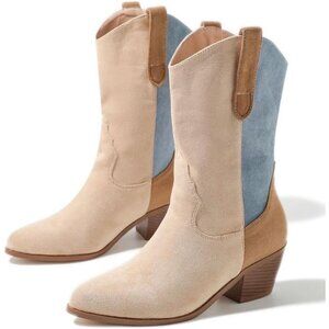 🆕 Lipijixi Embroider Cowboy Boots Women Cream Stacked Heel Wide Calf Boots